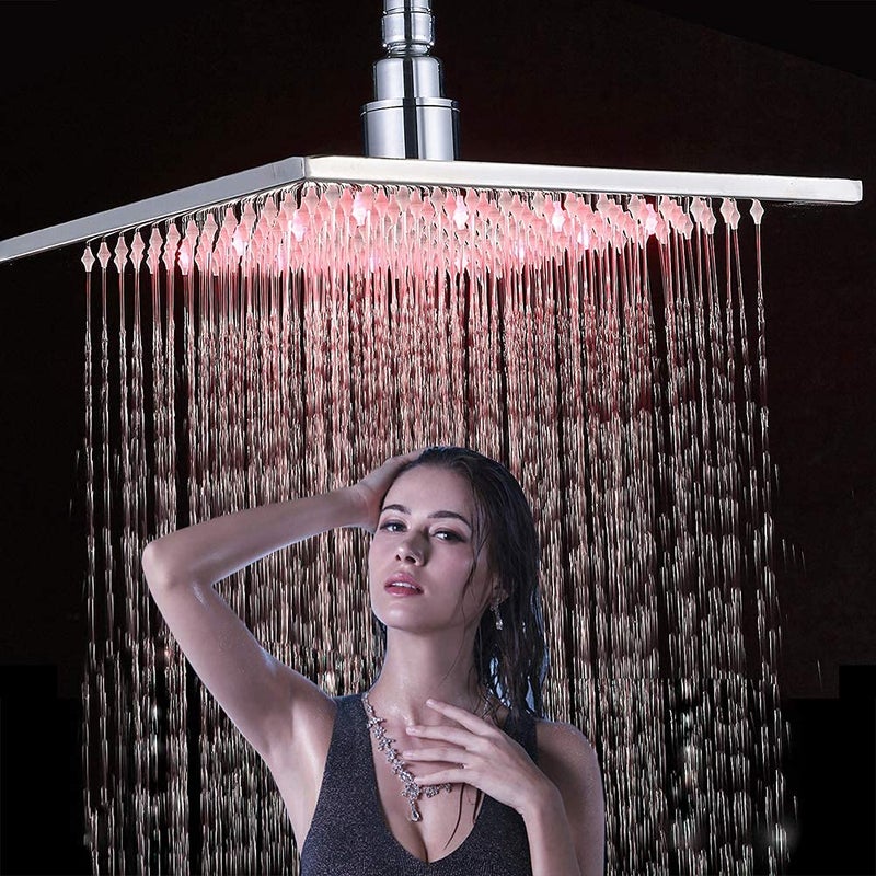 NeierThodore Polished Chrome Large 16 Inch LED Shower Head Solid Square Rainfall with Rubber Nozzles, 3 Settings - Image 3